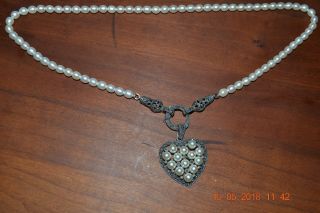 Gorgeous Vintage Freshwater Pearl & Marcasites Heart Pendant Necklace Marked 925