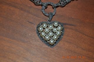 Gorgeous Vintage Freshwater Pearl & Marcasites Heart Pendant Necklace Marked 925 2