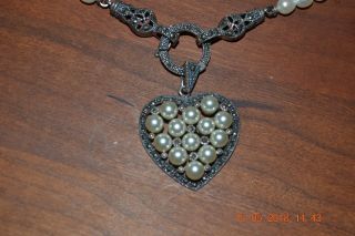Gorgeous Vintage Freshwater Pearl & Marcasites Heart Pendant Necklace Marked 925 3
