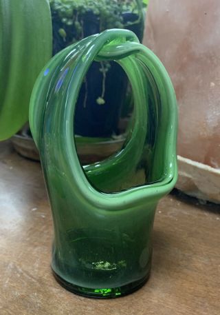 Vintage Murano Blown Glass Art Green White Basket Vase Unusual Small