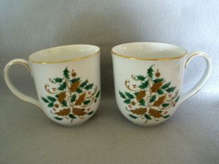 Vtg Noritake White Scapes Lockleigh Christmas 2 Coffee Tea Mugs Holly Gold 4061