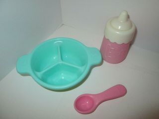 Vintage Little Tikes Baby Doll Feeding Dish Bowl Spoon Bottle Pretend Play
