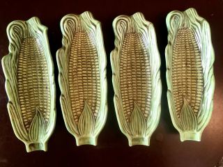 Set Of 4 Vintage Larger Ceramic Corn On The Cob Holder Butter Roller Dish