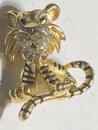 Vintage Signed Jomaz Tiger Brooch Enamel Gold Tone Rhinestone Pin