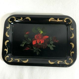 Vtg Toleware Metal Decorative Mini Trays Small Snack Tip Tray Red Black Floral