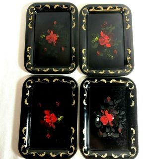 VTG Toleware Metal Decorative Mini Trays Small Snack Tip Tray Red Black Floral 2