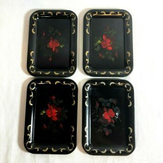 VTG Toleware Metal Decorative Mini Trays Small Snack Tip Tray Red Black Floral 3