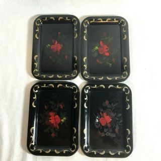 VTG Toleware Metal Decorative Mini Trays Small Snack Tip Tray Red Black Floral 4