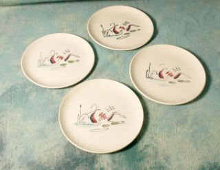 4 Vintage France Riviera Salins Faienceries Hand Painted Abstract Swan Plates