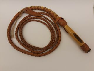 Vintage Leather Bullwhip 10ft Plaited/woven.  Swivel Wooden Handle With Metal Rod