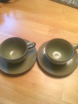 Edith Heath Ceramics Sage Green 2 Cups And Saucers Vintage? Pristine