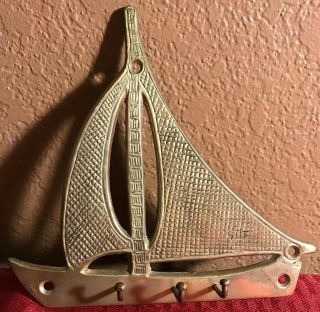Vintage Brass Sailboat Key Rack Wall Holder Hook 5 3/4” Tall 6 1/4” Wide