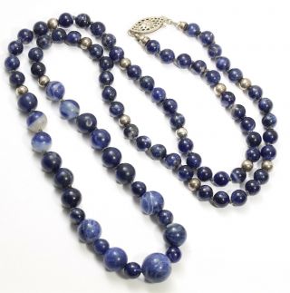 Vintage Sterling Silver Hand Knotted Sodalite Blue Gemstone Bead Necklace 27 "