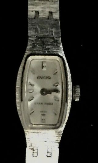 Vintage 1972 Enicar Woman ' s white gold plate cocktail Wristwatch PERFECT 7