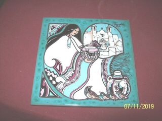 Vintage Cleo Teissedre Ceramic Tile Art Southwestern Woman Trivet 6 " 1991 Signed