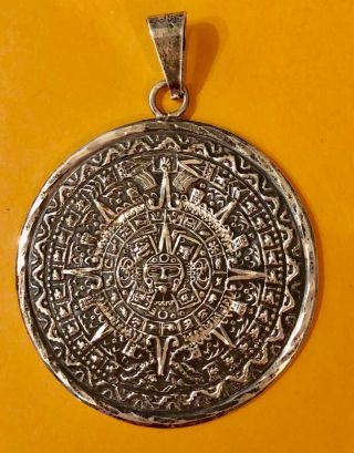 Vintage Sterling Silver Mayan Aztec Calendar Sun Dial Large 2.  5 " Pendant 15.  5 G