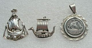 Three Pretty Vintage Silver Viking Ship Pendants 2 Scottish,  One Corfu