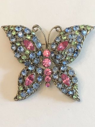 Stunning Vintage High End Multi Colored Rhinestone Butterfly Brooch Pin