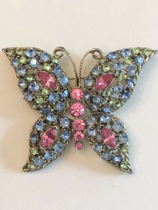 Stunning Vintage High End Multi Colored Rhinestone Butterfly Brooch Pin 2