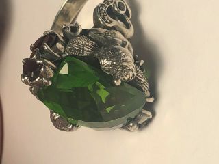 Vintage Large Size 925 Silver Ring Garnet & Green Sapphire Size 14