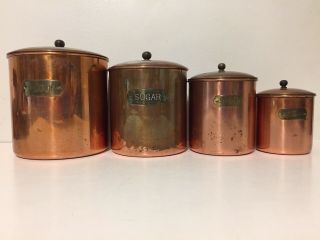 Vtg 70s Copper Kitchen Canister Set Storage Tins Flour Sugar Coffee Tea Daewoo