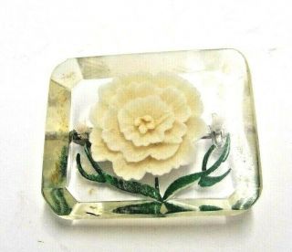Vintage Reverse Carved Lucite White Flower Brooch Pin Retro Rose