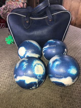 4 Vtg Blue White Swirl Candlepin Duckpin Bowling Balls Seniors Bag Case Westboro