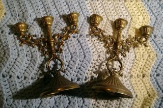 Vtg Set Of 2 Interpur Italy Brass Mini Triple Candle Stick Holder Candelabras