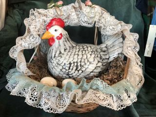 Vintage Ceramic Hen/chicken W/2 Ceramic Egg In A Wicker Basket W/ Lace