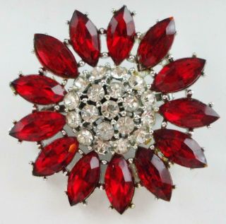 Lovely Vintage Red Marquis & Clear Rhinestone Flower Pin Brooch
