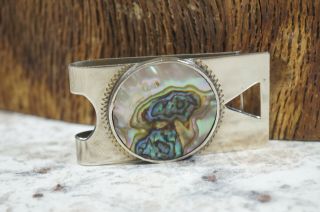 Vtg Sterling Silver Money Clip With Abalone Shell Round Mexico Signed Rag 19g