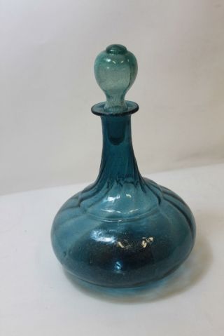 Vintage Hand Blown Art Decanter,  Cobalt Clear Blue,  Glass Stopper,  Swirl Pattern