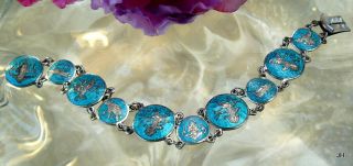 Vintage Signed Siam Sterling Silver Aqua Sky Blue Enamel Figural Panel Bracelet
