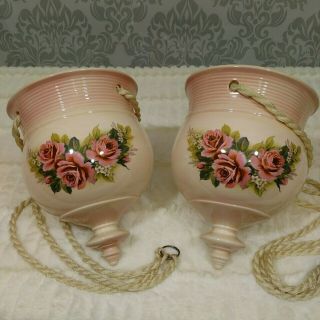 Vintage Pink Ceramic Hanging Planters Flower Pots Set Of 2 Rose Pattern 7 X 10