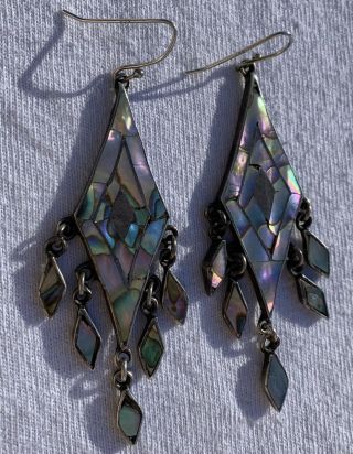 Vintage Taxco Sterling Silver Abalone Inlay Dangle Earrings 925 Hecho Mexico
