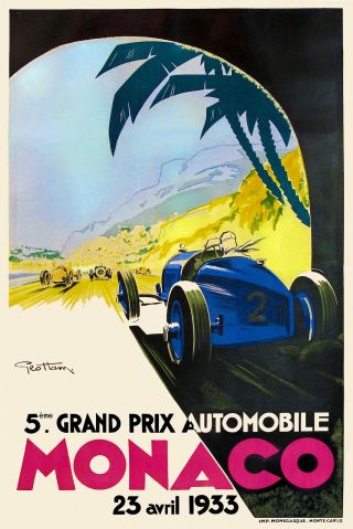 Vintage French Monaco Grand Prix Poster 1930s Art Deco Motor Racing Sports Cars