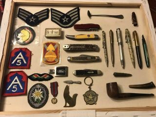 Vintage Junk Drawer Men’s Knives Knives Military Patches Pens Smoking Pipe