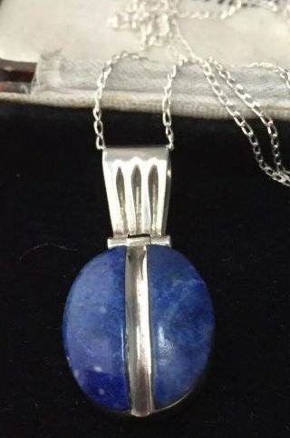Vintage Jewellery Gorgeous Sterling Silver & Lapis Lazuli Pendant With Chain