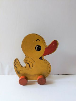 Vintage Fisher - Price Wooden Yellow Duck Wood Rolling Toy / Pull Toy