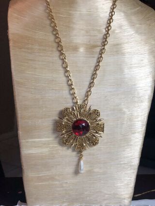 VTG Joan Rivers Necklace Gold Maltese Cross Pearl Ruby Rhinestone High End 2