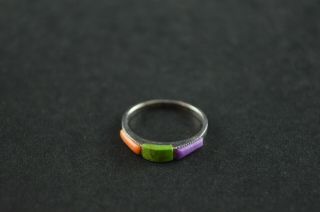 Vintage Sterling Silver Ring W Orange Green & Purple Stone Inlay - 1g