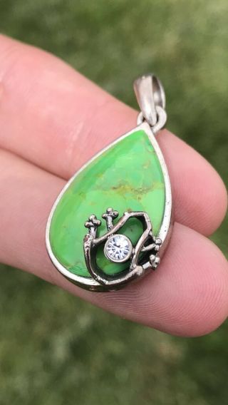 Vintage Barse Sterling Silver Necklace Pendant Lime Turquoise Frog Faux Diamond