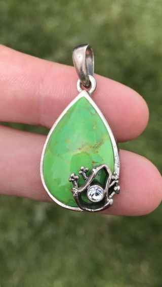 Vintage Barse Sterling Silver Necklace Pendant Lime Turquoise Frog Faux Diamond 2