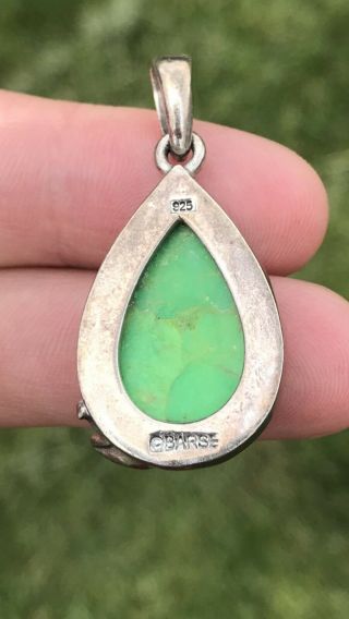 Vintage Barse Sterling Silver Necklace Pendant Lime Turquoise Frog Faux Diamond 3