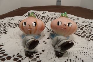 Vintage Anthropomorphic Onion Salt And Pepper Shakers Ucagco Japan W/ Labels