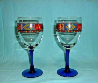 Avon Vintage Kente Inspired Cobalt Blue Stem Water Wine Goblets Glasses.  Pair