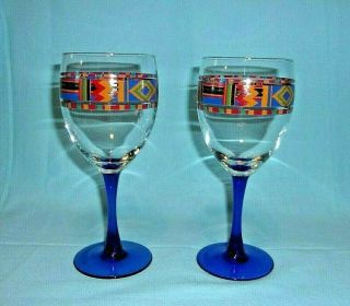 Avon Vintage Kente Inspired Cobalt Blue Stem Water Wine Goblets Glasses.  PAIR 2
