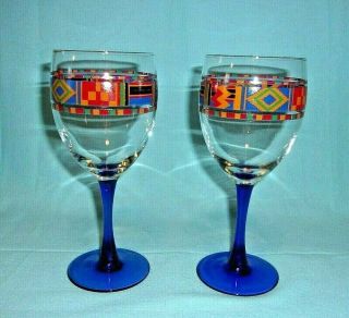 Avon Vintage Kente Inspired Cobalt Blue Stem Water Wine Goblets Glasses.  PAIR 3