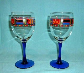 Avon Vintage Kente Inspired Cobalt Blue Stem Water Wine Goblets Glasses.  PAIR 4