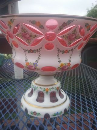 Vintage Moser Bohemian Czech White Cased Over Cranberry Handpainted Centerpiece